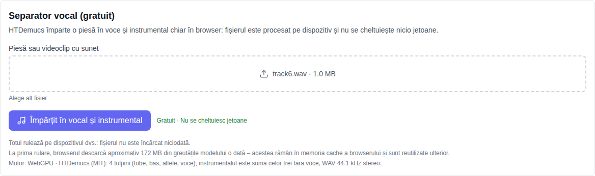 Secțiunea Muzică: Instrumentul Vocal Split (Free) selectat în partea de jos a listei de modele, câmpul de selecție a piesei și a butonului de împărțire.