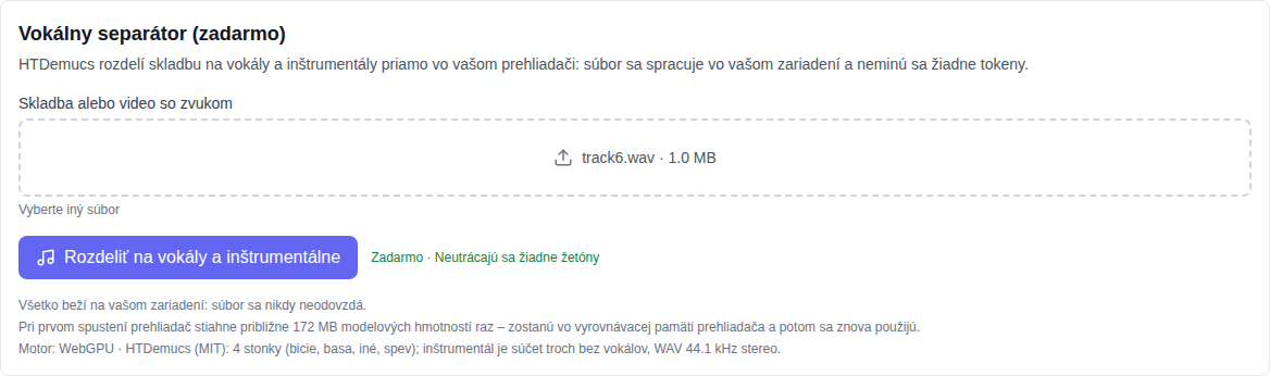 Hudobná sekcia: Nástroj Vocal Split (Free) vybraný v spodnej časti zoznamu modelov, pole pre výber skladby a tlačidlo rozdelenia