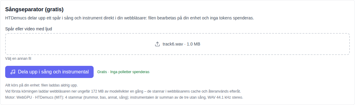Musiksektion: Vocal Split (gratis) verktyg valt längst ned i modelllistan, spårvalsfält och splitknapp