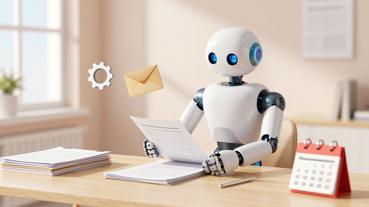 A bright desk with a robot assistant sorting document folders in morning light