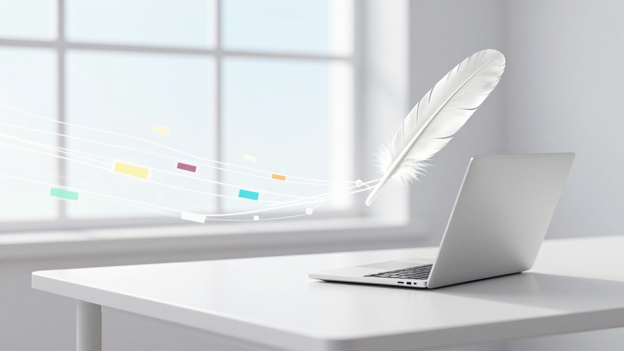 Light airy 3D scene by a big window: an open laptop on a white desk, a glowing feather made of soft nodes and links floating above, bright speed lines nearby, plenty of light
