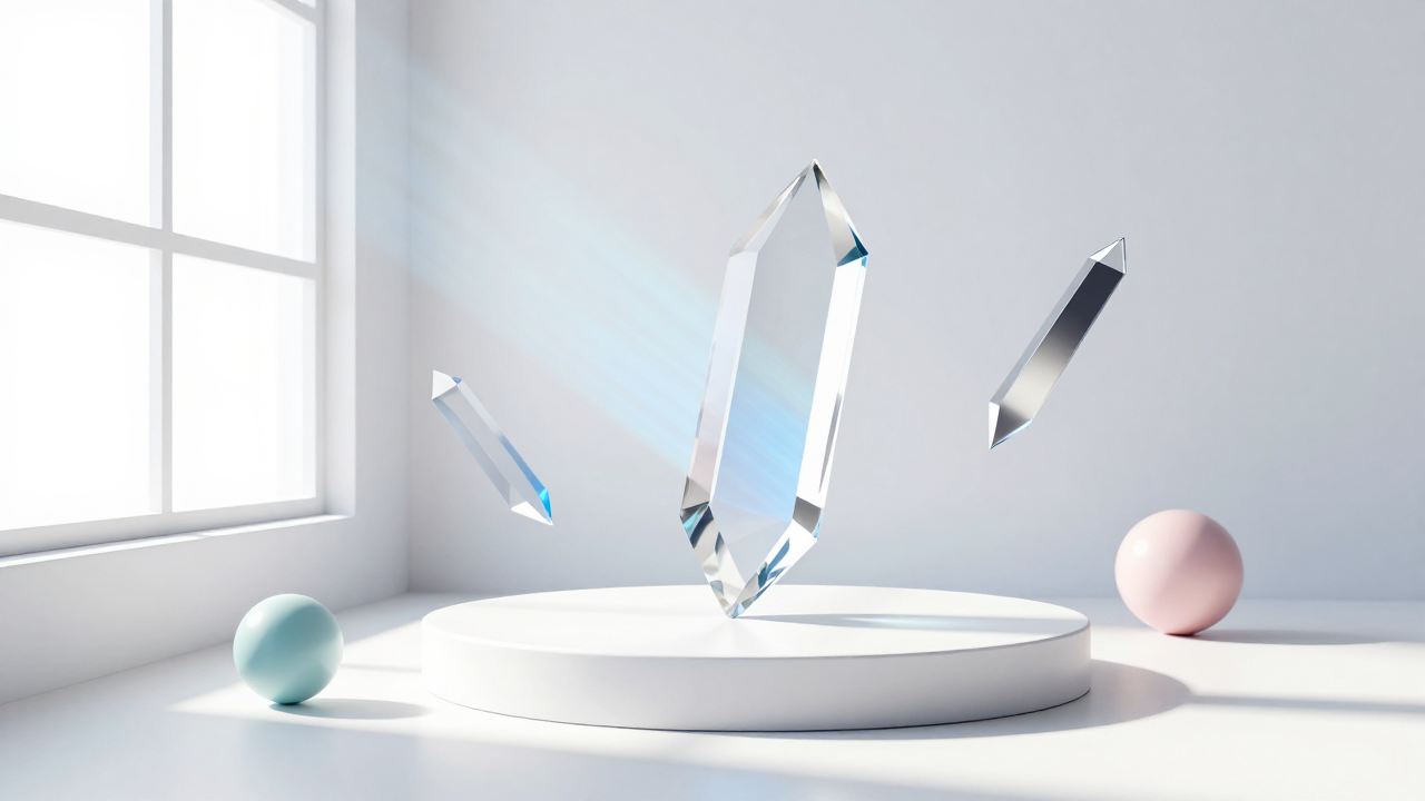 Bright 3D scene: a faceted clear crystal floats on a white podium with azure light beams, with chrome facets and pastel spheres nearby