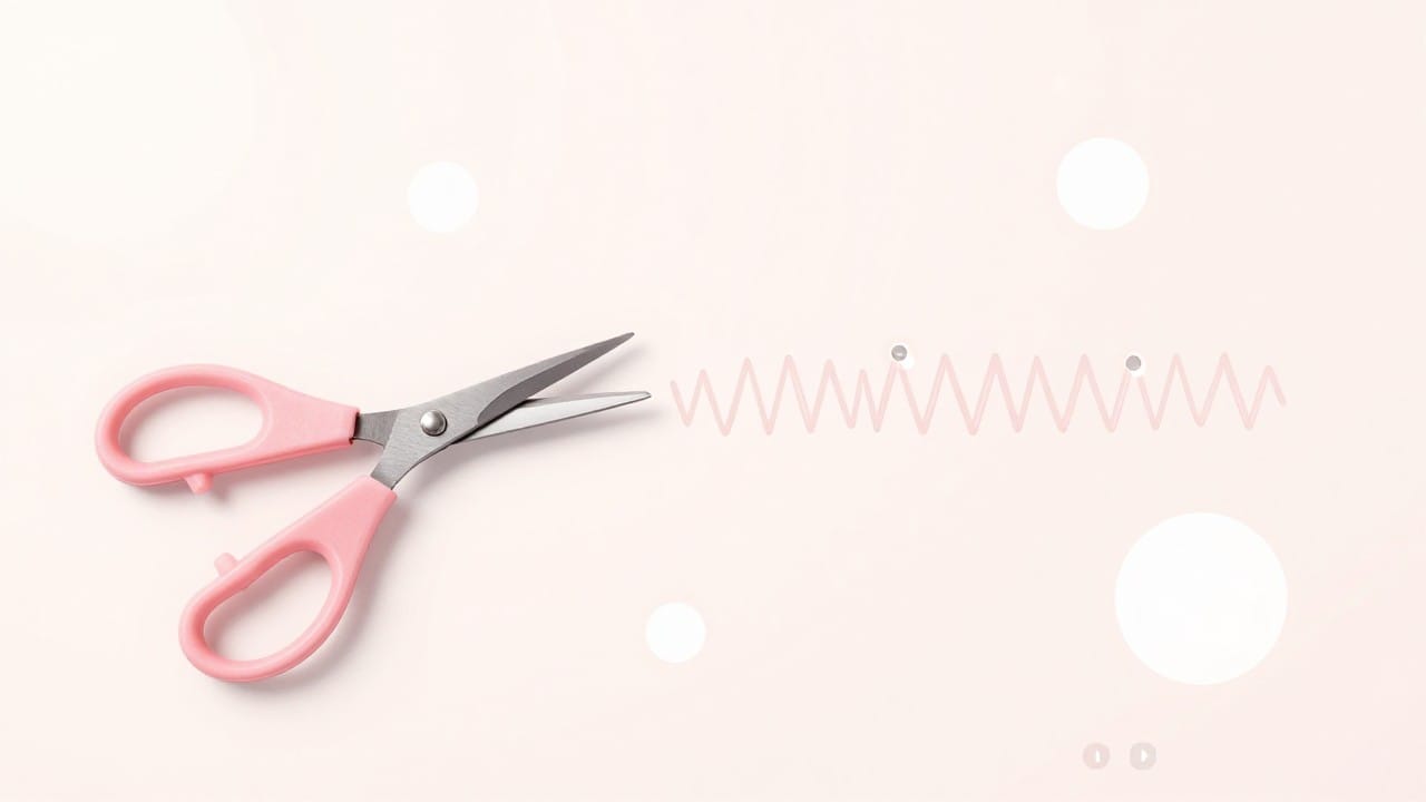 A bright pastel scene: a video track with a sound wave, neat scissors cutting small excess fragments out of it, leaving a smooth short clean strip of the clip beside it