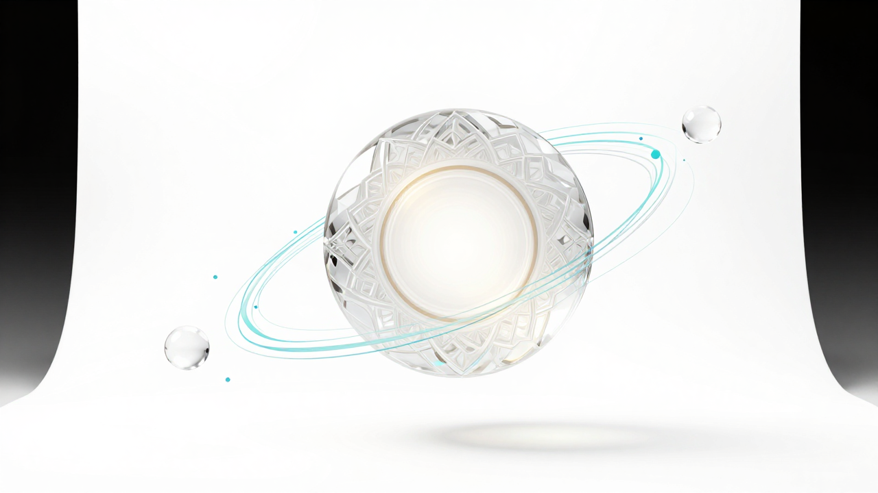 Lys minimalistisk 3D-komposition: geometrisk terning med et QR-kodemønster og et cirkulært centerlogo i et solbelyst studie