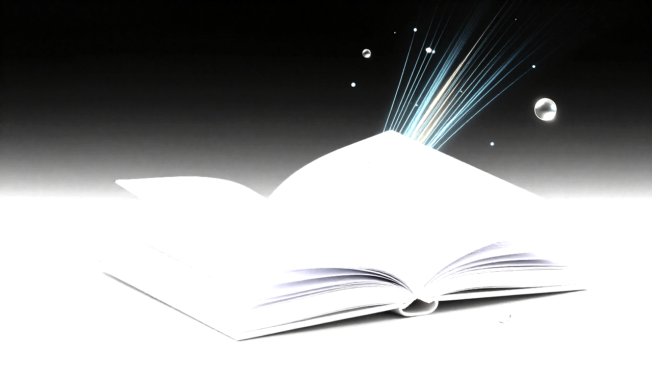 Bright minimalist 3D composition: open white book with floating luminous beams of insight in a sunlit studio