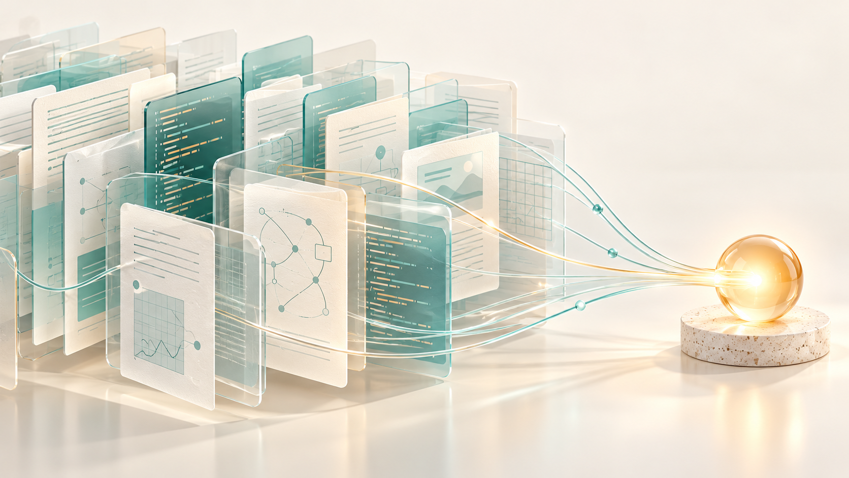 Bright 3D scene: document and code sheets connect through fine paths to a clear answer point