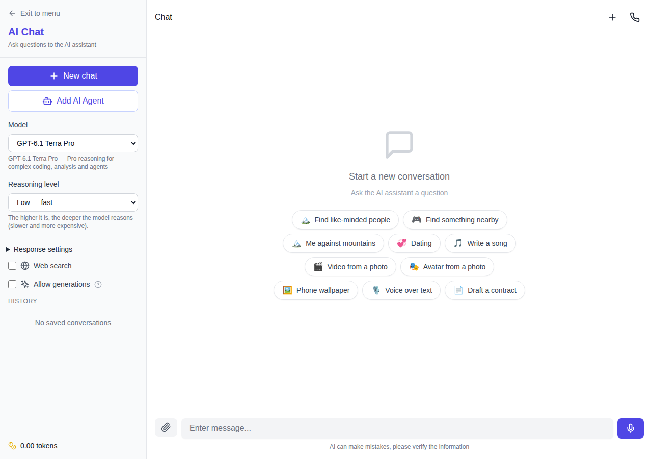 Английский интерфейс NeuralSpace: в чате выбрана GPT-6.1 Terra Pro и показаны настройки уровня рассуждений