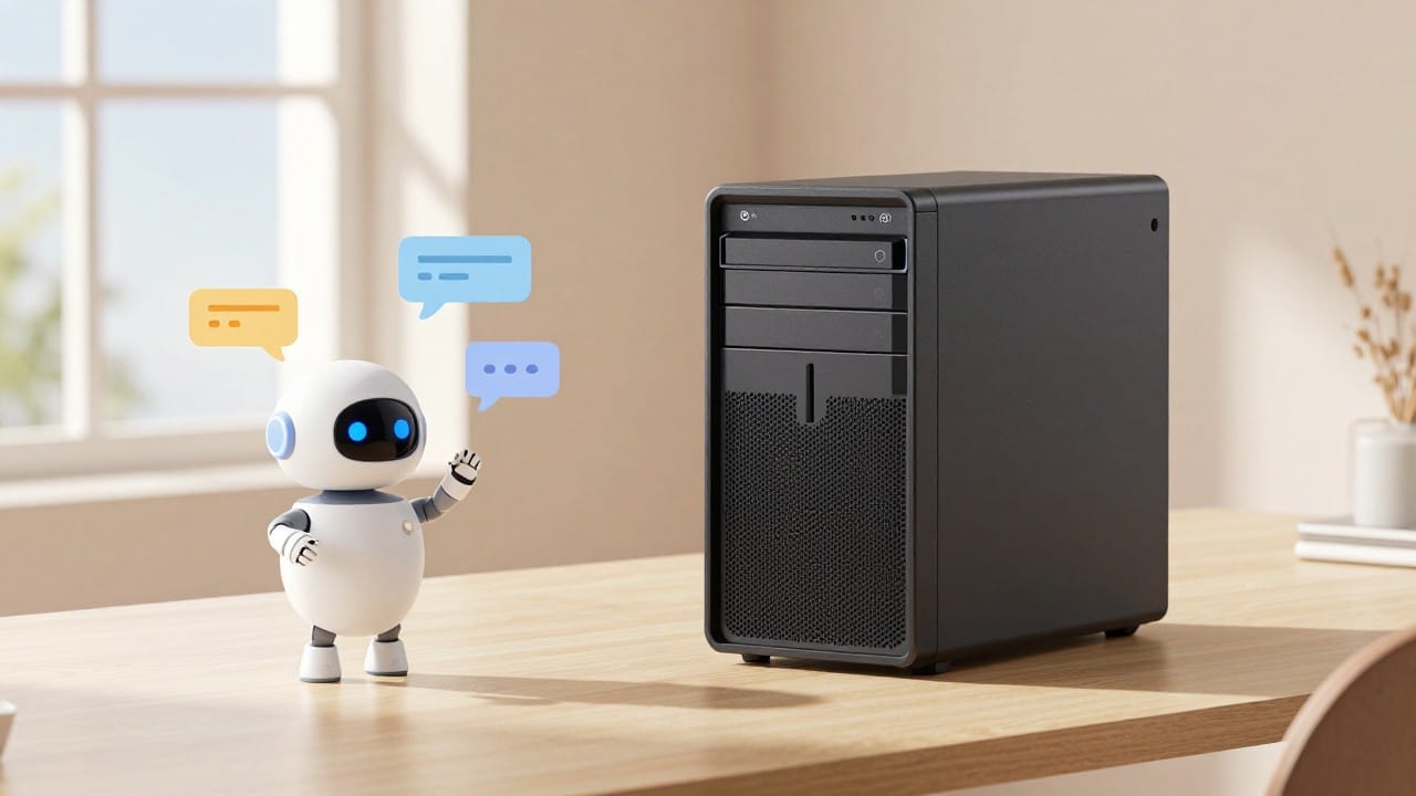 A bright desk with a compact server and a floating robot assistant in morning light