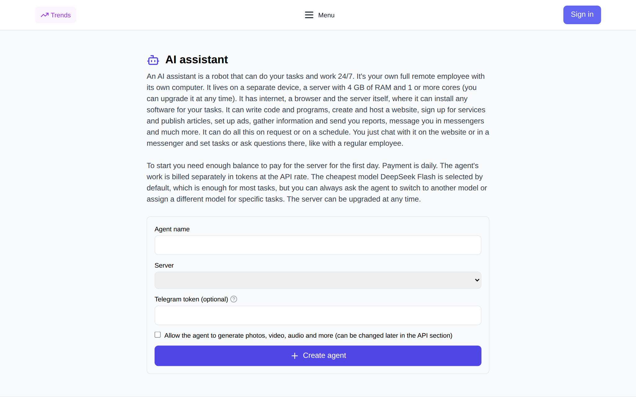 صفحة الوكيل الذكي في NeuralSpace: استمارة الإنشاء مع اختيار الخادم وحقل رمز Telegram