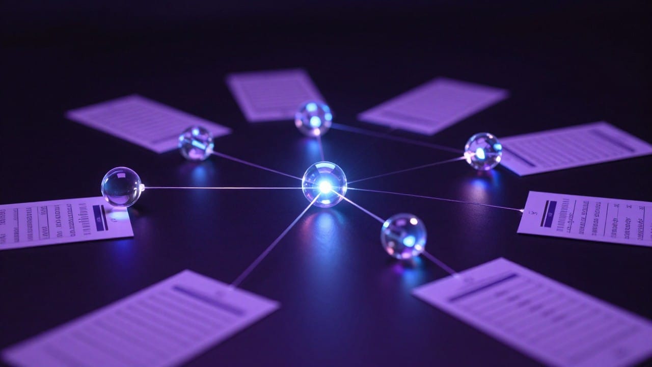 Glowing glass nodes linked by lines of light above a desk with floating report cards