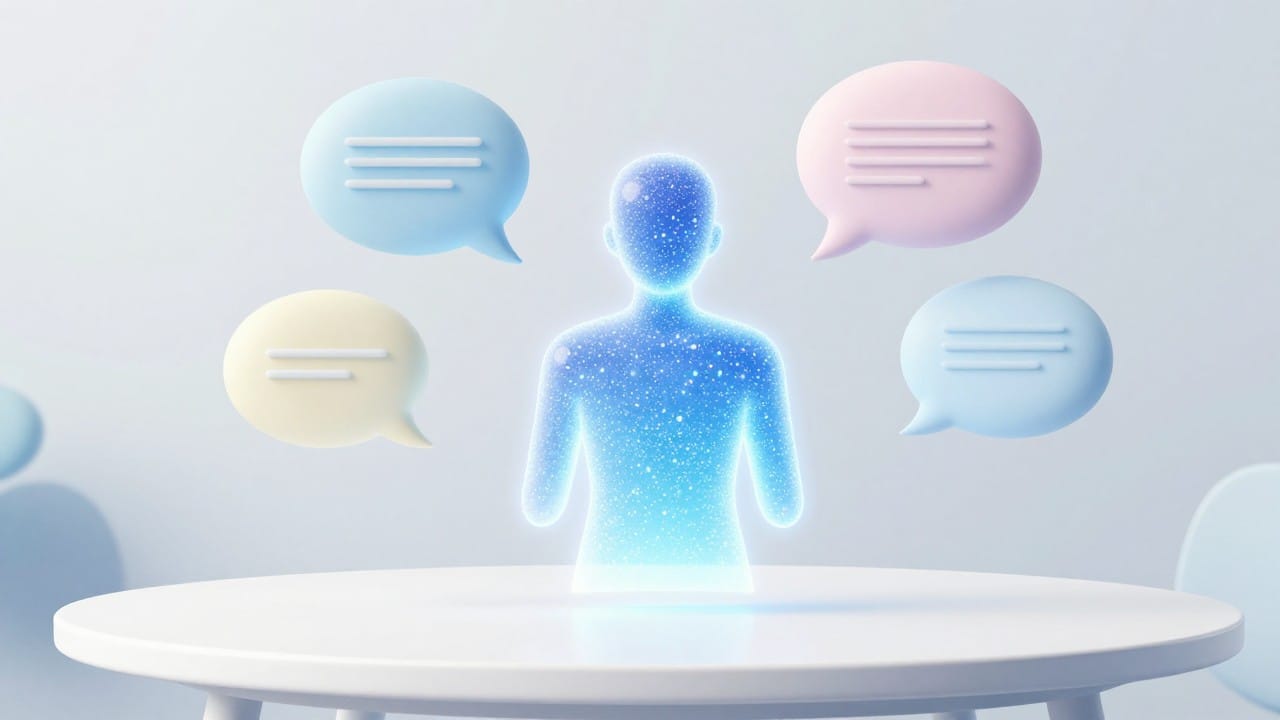 Palcoscenico luminoso: schermo live con un simpatico avatar 3D al microfono, onde sonore vicine, fumetto della chat, pulsante di riproduzione e icona del segnale live