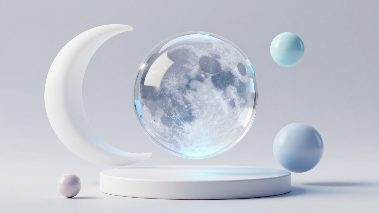 Bright 3D scene: a large transparent glass moon with a soft azure glow floats above a white podium, with a glass crescent and pastel star spheres nearby
