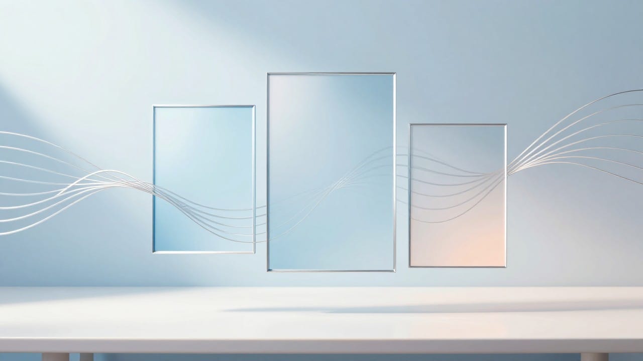 A light composition of glass frame panels and silver sound waves floating above a pale table
