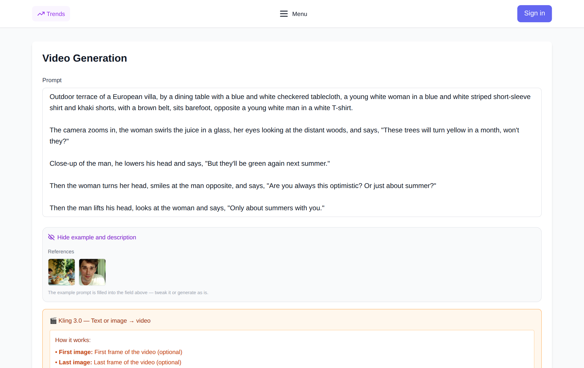 Страница Kling 3.0 на NeuralSpace: поле промпта, выбор режима и длительности