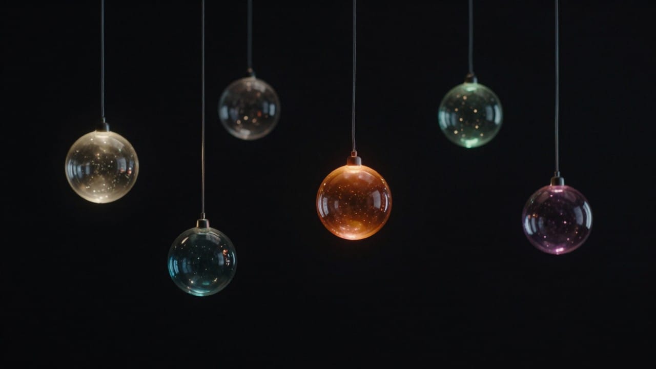 Glowing glass spheres connected by thin threads of light on a dark background