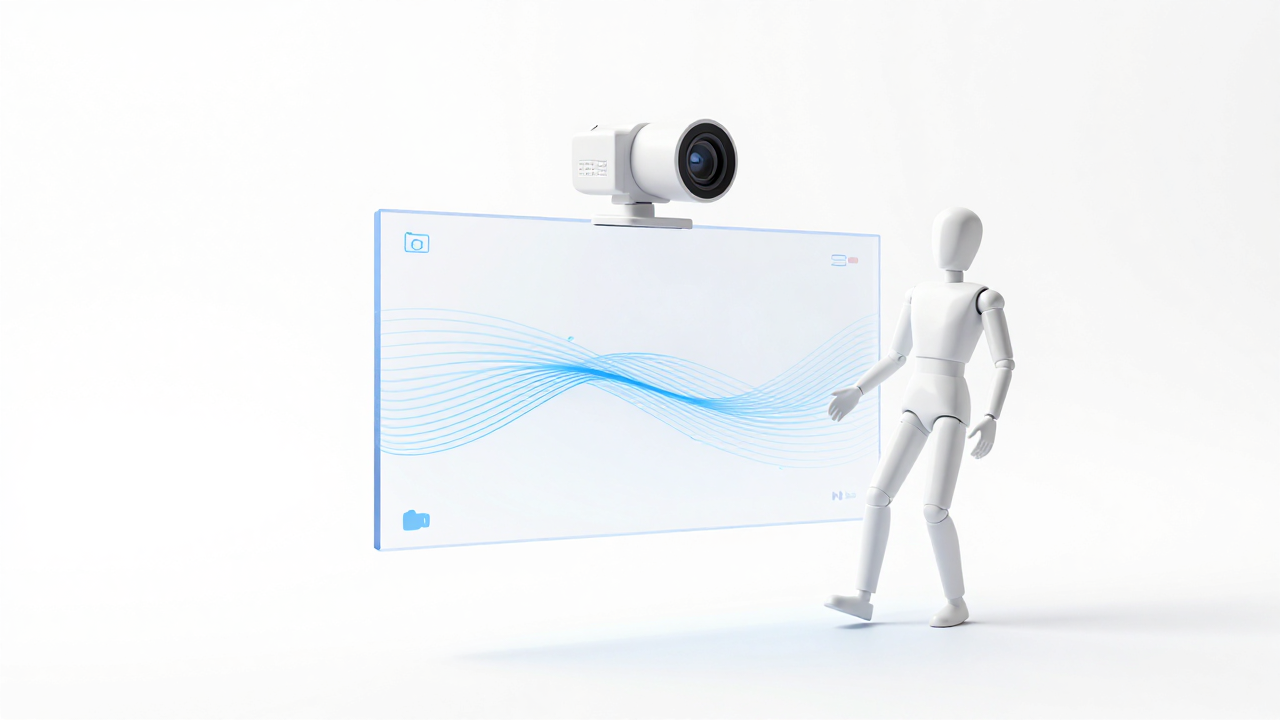 Bright 3D composition: a transparent screen with a webcam, a light blue skeleton of thin lines and joint dots, and a white mannequin in the same pose