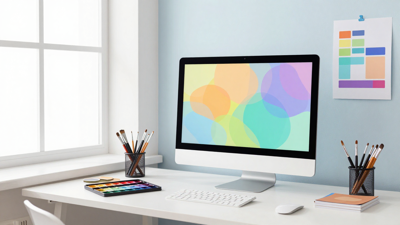Světlé kreativní studio: velký monitor s jasným abstraktním obrazem, vedle něj je paleta barev a hromada čerstvých výtisků, spousta denního světla