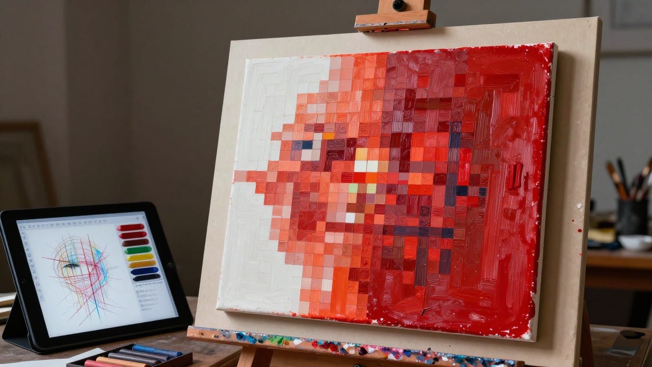A bright studio: a glowing canvas of paint and pixels comes to life on an easel