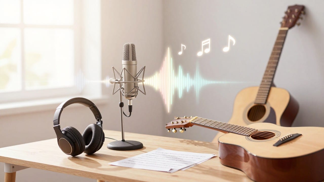 A bright home studio at sunrise: microphone, headphones, acoustic guitar and sheet music on a wooden desk, pastel light and glowing sound waves