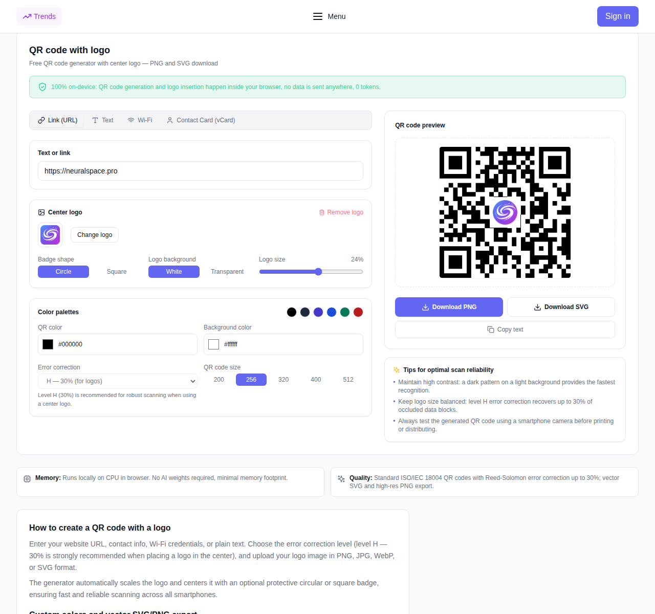 Free QR code generator with logo: input field, center logo customization, color palettes and export options