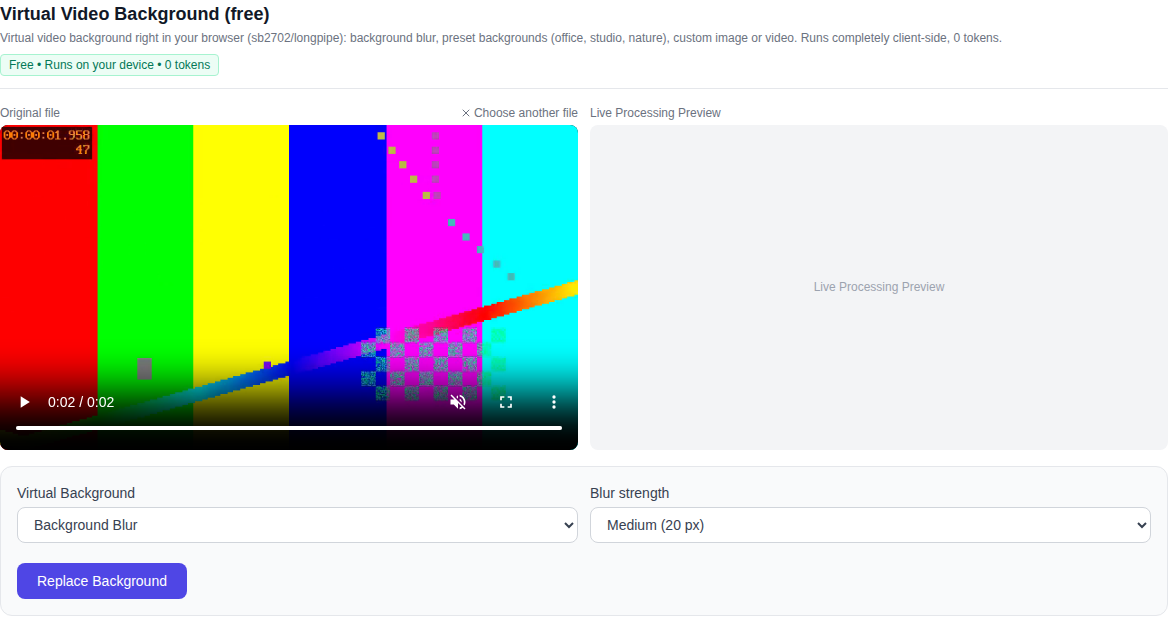 Video section: the Virtual Video Background (free) tool with a loaded video, virtual background mode selector and replacement controls