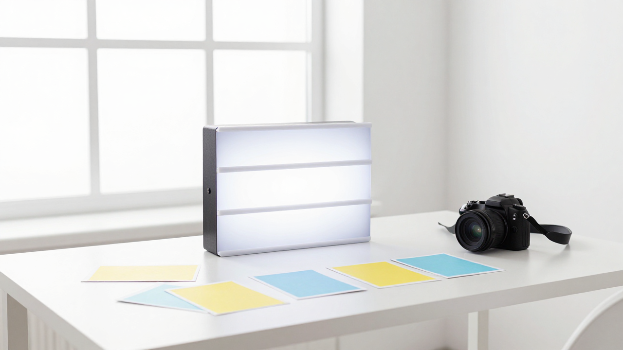 Bright creative studio: a lightbox with a set of fresh photo prints, a camera and colour swatches beside them, plenty of daylight
