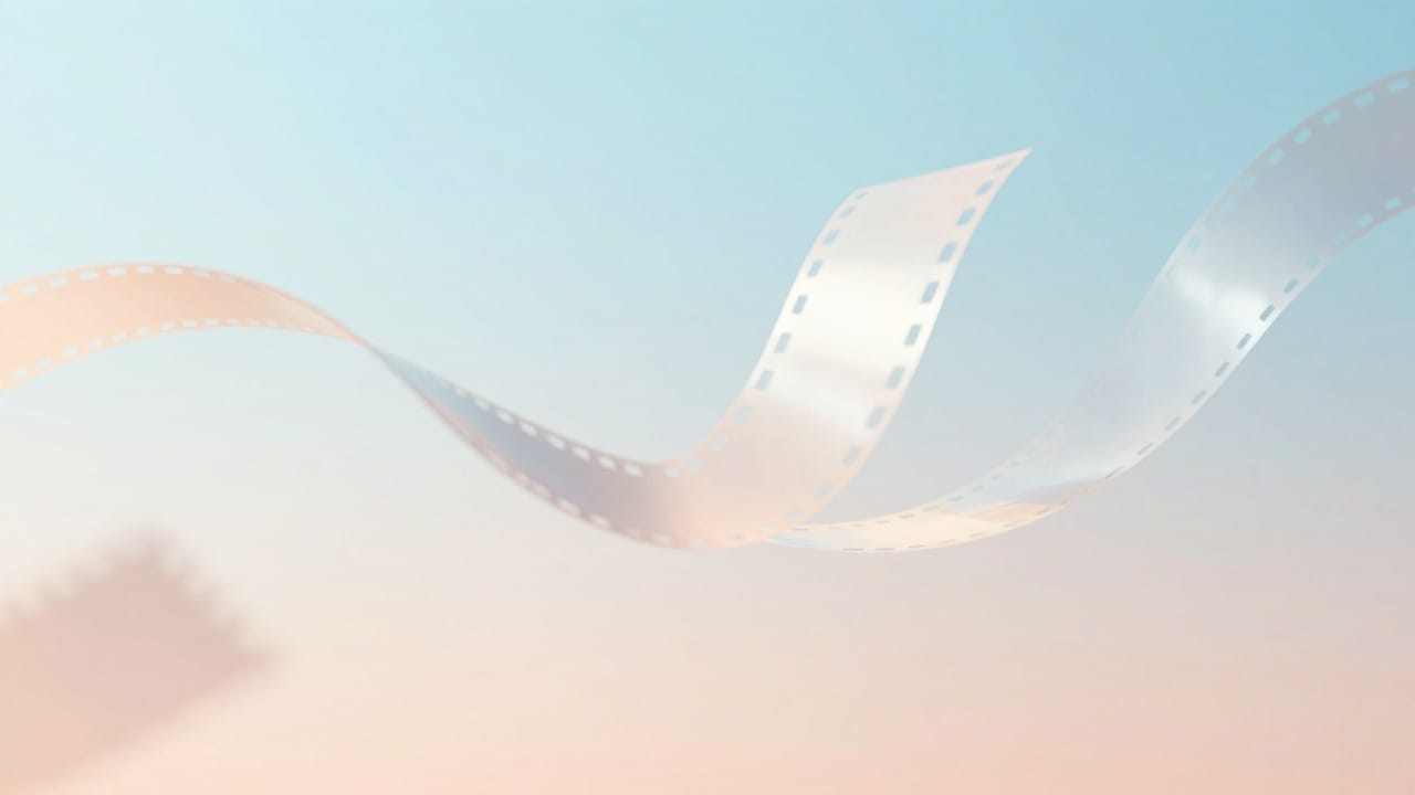 A bright scene with floating film strips and soft waves of light