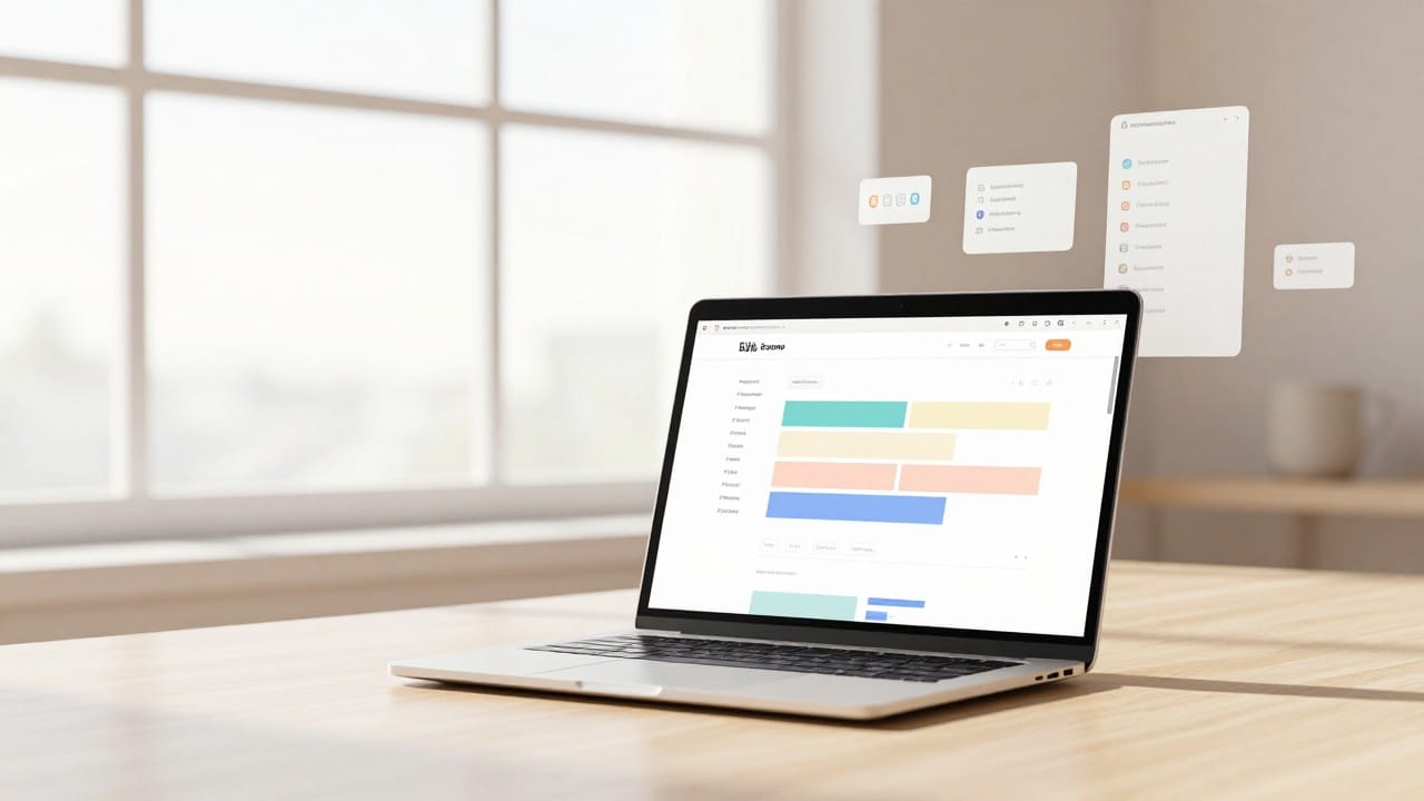 A bright studio by a window, a single-page website assembling from glowing blocks on a laptop screen