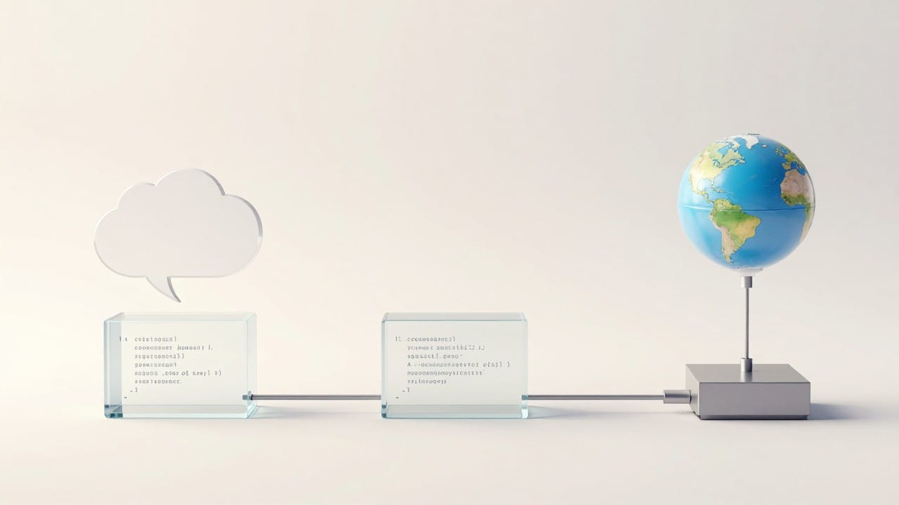 A light pipeline diagram: from a chat bubble to code blocks, a server cube and a globe with a link