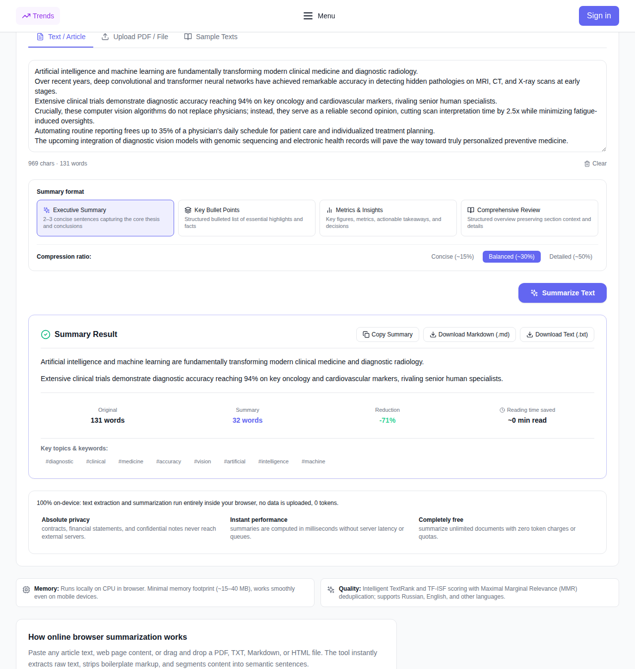 Gratis Web & PDF Summarizer: lägen, komprimeringsinställningar, sammanfattningsresultat och exportalternativ
