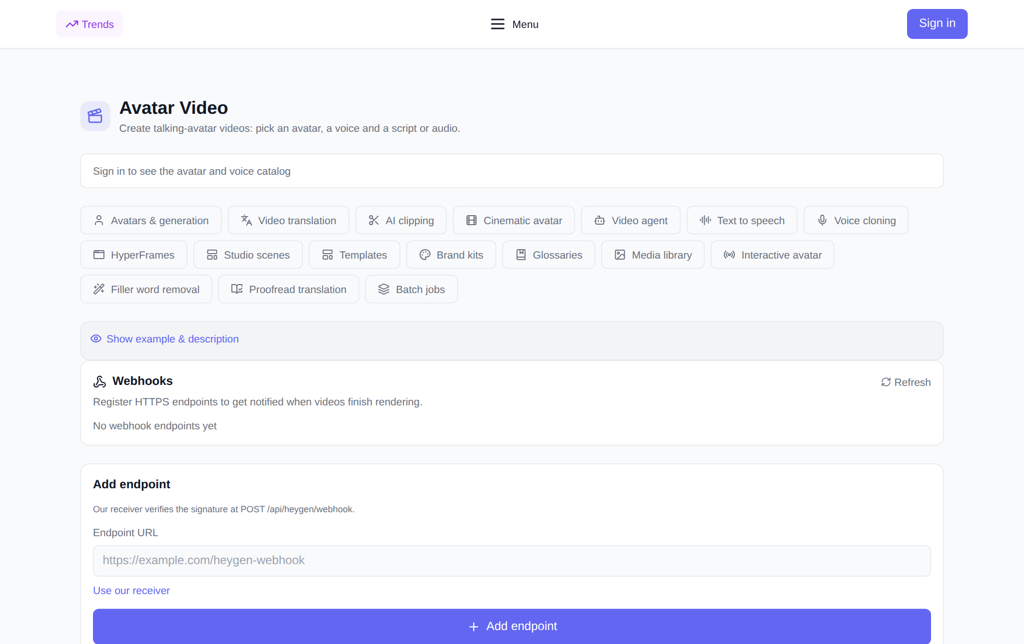 Sección “Avatares de vídeo” NeuralSpace, pestaña “Webhooks”: campo “Dirección del endpoint”, botón “Sustituir nuestro receptor”, lista de eventos y lista de endpoints registrados con botones para volver a liberar el secreto y eliminar