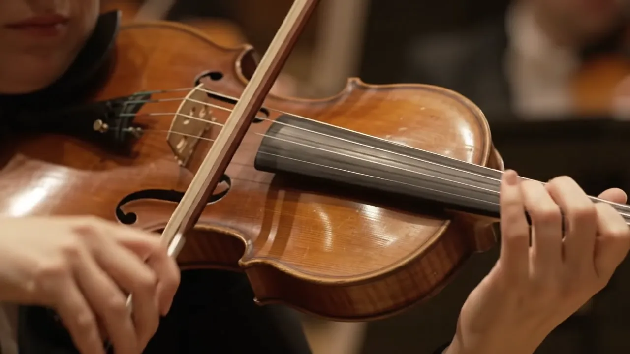 Video frame: an orchestra violinist bowing the strings in close-up