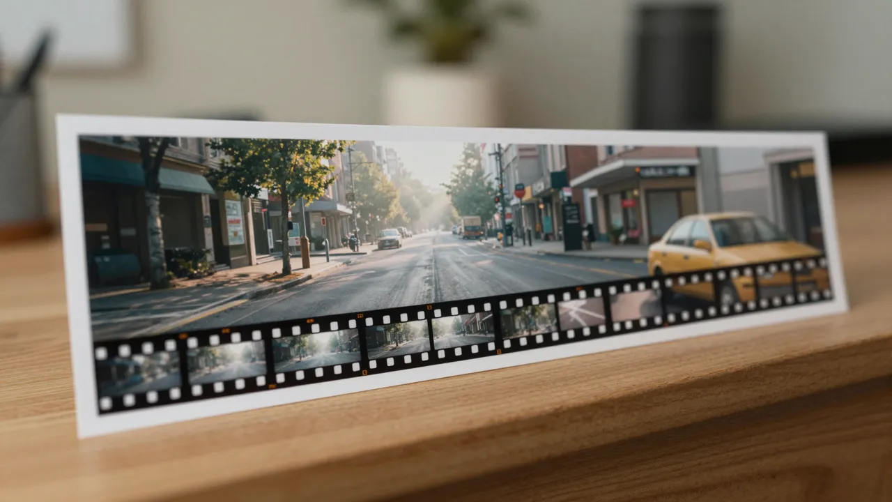 A printed frame of a morning street beside a film strip continuing the same scene