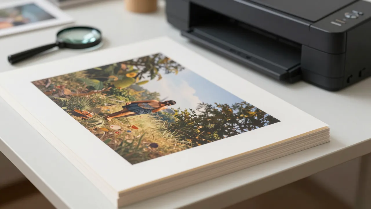 A stack of large-format prints on a light studio table next to a magnifying glass