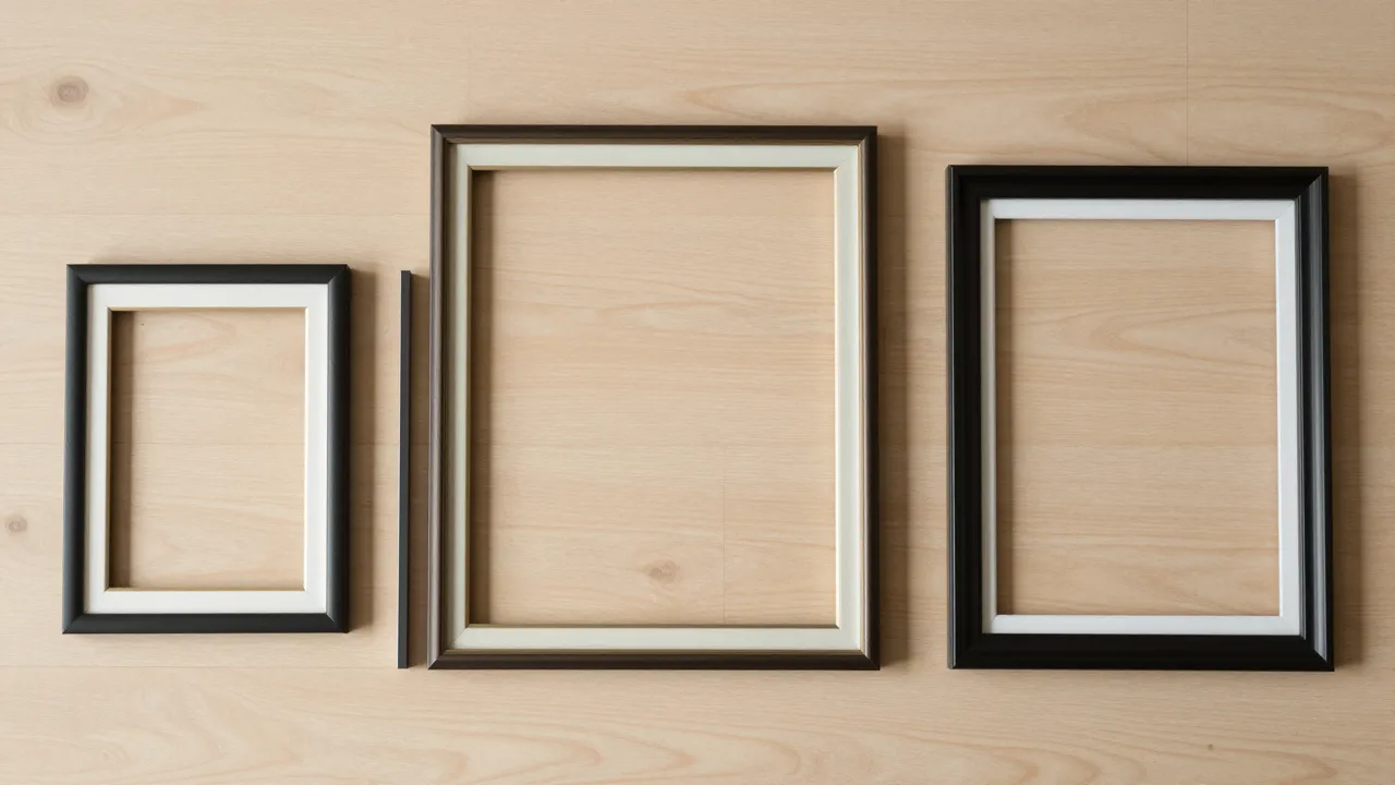 Three empty frames of different proportions — square, landscape and portrait — on a light floor