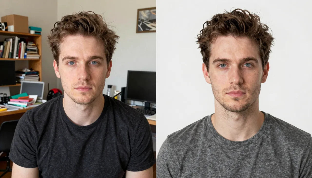 Before and after: a cluttered selfie background replaced with a clean studio backdrop