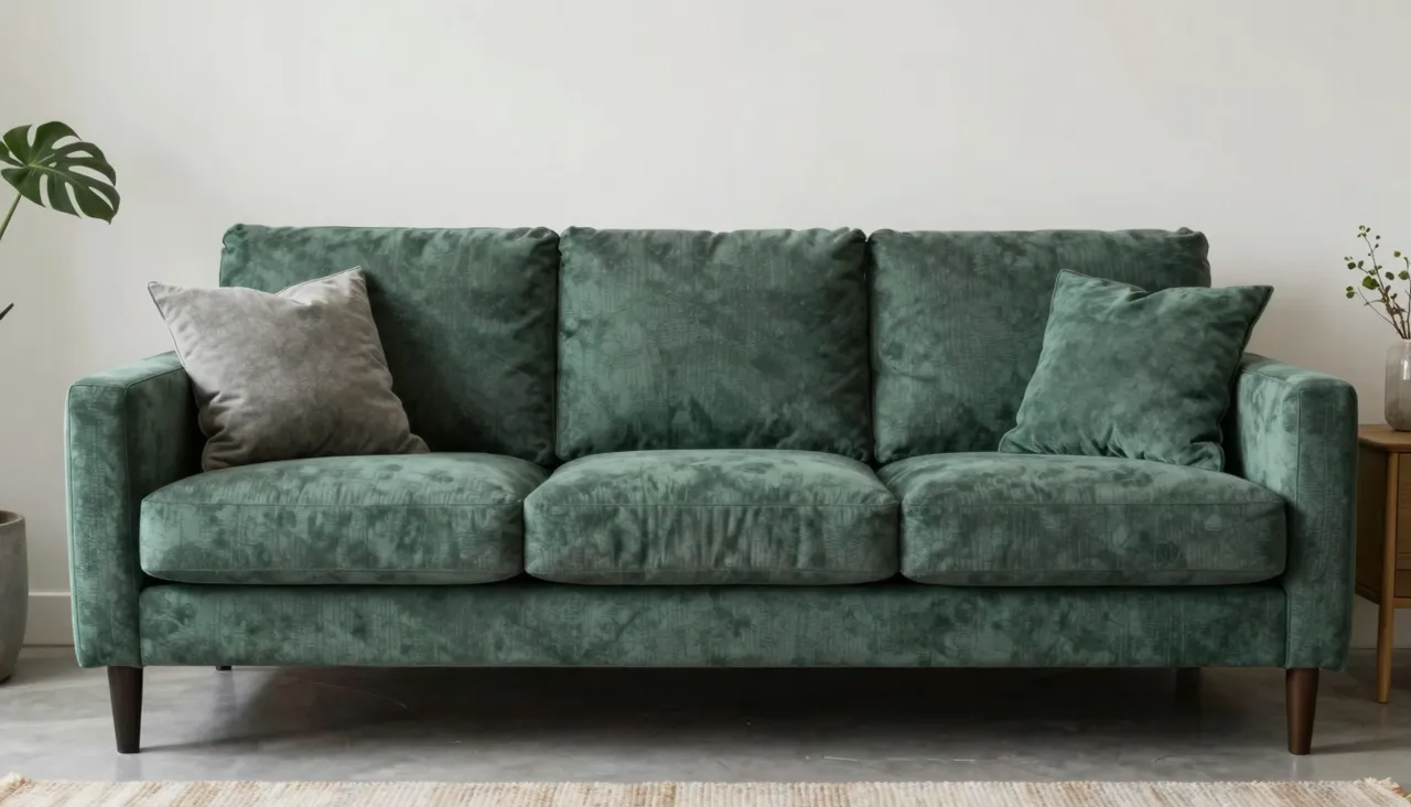 A sofa listing photo with boxes and household clutter removed by a text instruction