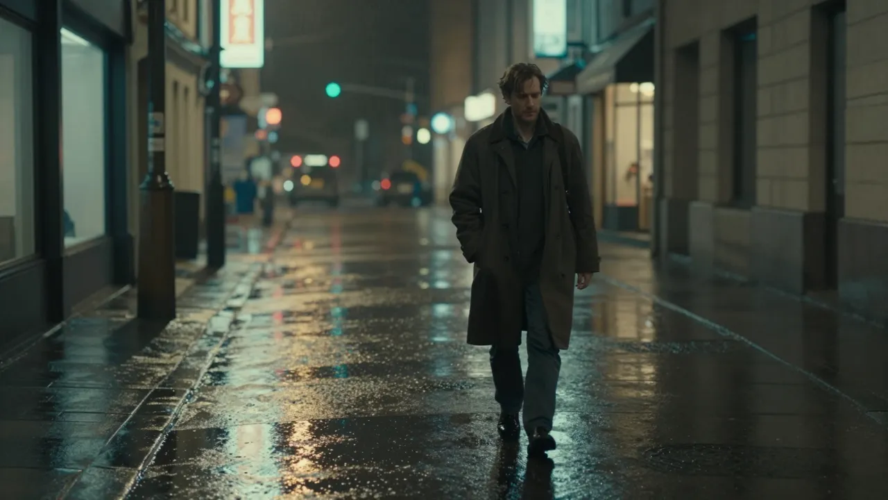 Action still from a generated trailer: a duel in a rain-soaked alley