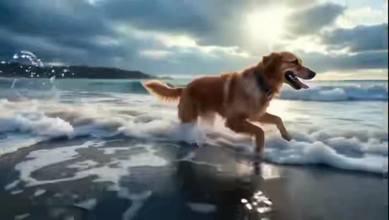 A puppy dashing through an autumn park, generated from a text prompt