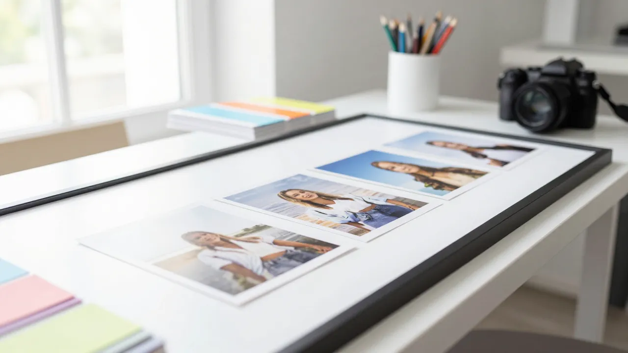 Bright studio: portrait prints on a lightbox with a camera and colour swatches