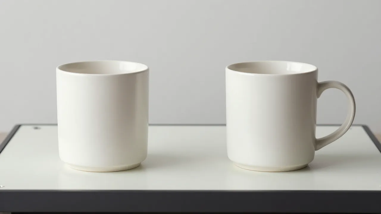 Two minimalist ceramic mugs side by side on a light table in soft studio light